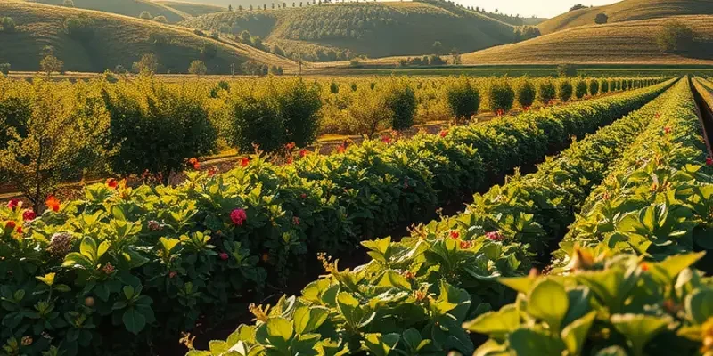 A photorealistic landscape showcasing a sunlit field filled with organic vegetables and fruits in harmony with nature.