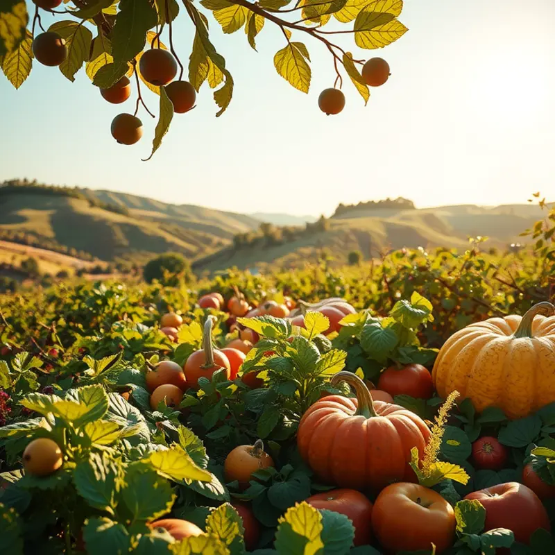 A sunlit field showcasing vibrant vegetables and fruits.