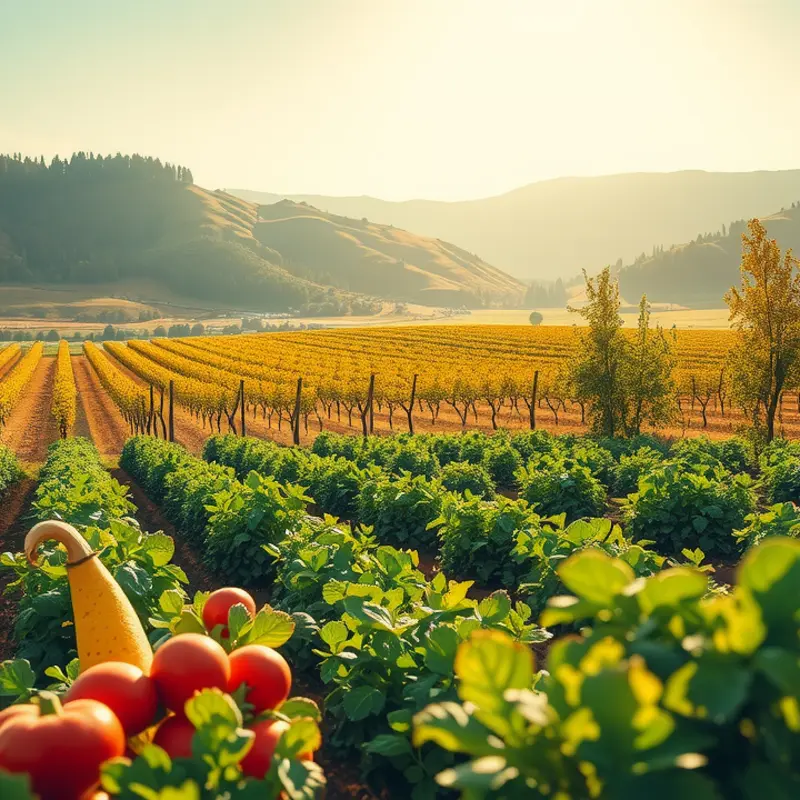 A sunlit field showcasing organic vegetables and fruits, emphasizing freshness and abundance.