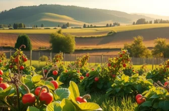 A photorealistic landscape depicting a sunlit field rich in fruits and vegetables, symbolizing balanced eating.