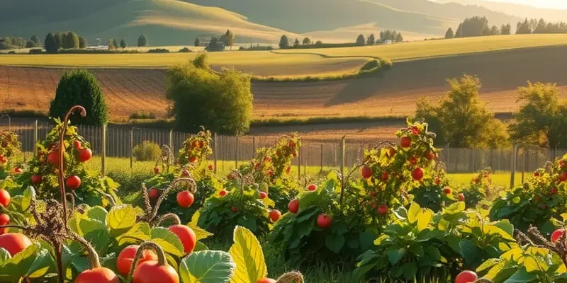 A photorealistic landscape depicting a sunlit field rich in fruits and vegetables, symbolizing balanced eating.