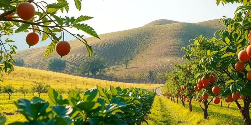 A sunlit field showcasing vibrant fruits and vegetables growing naturally.