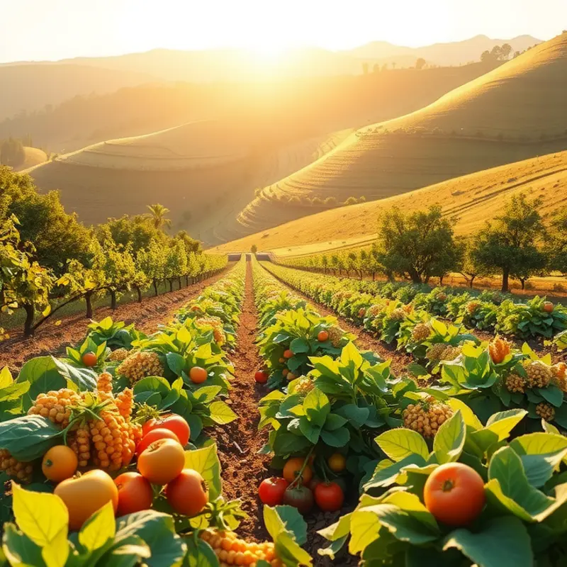 A sunlit field of vibrant organic vegetables and fruits highlighting natural abundance.