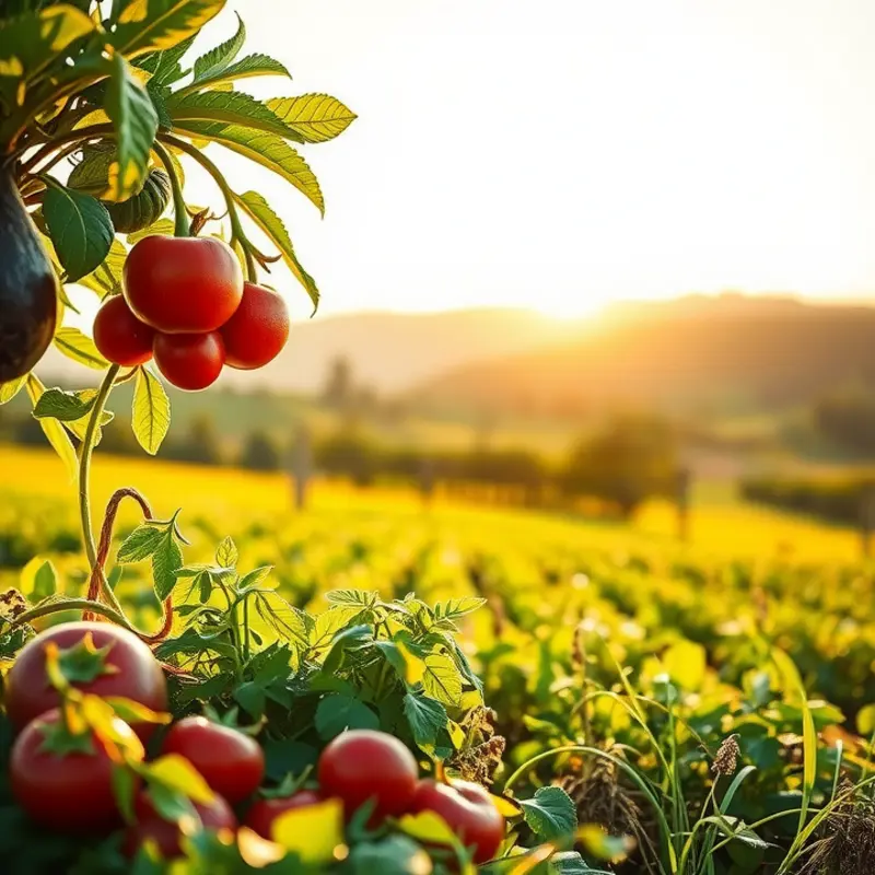 A thriving field of fruits and vegetables representing the essential food groups.