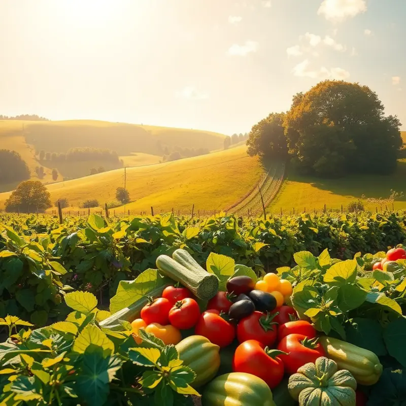 A vibrant sunlit field showcasing healthy vegetables and fruits, symbolizing the importance of carbohydrates.