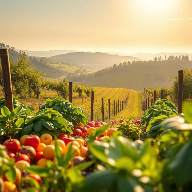 A sunlit field showcasing the abundance of organic fruits and vegetables.