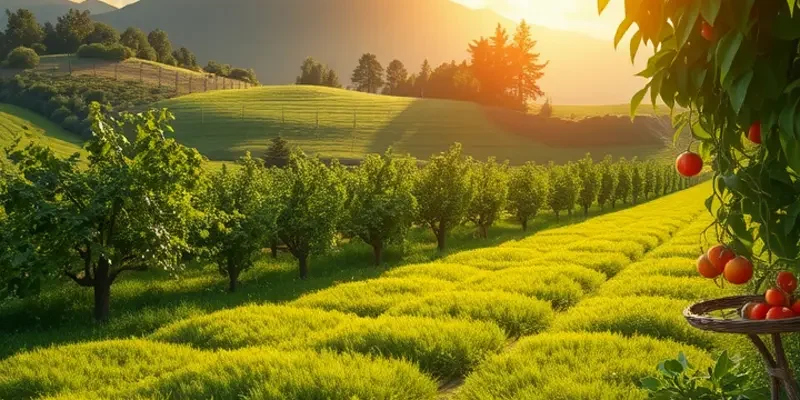 A beautiful landscape teeming with fresh fruits and vegetables, representing wholesome nutrition.