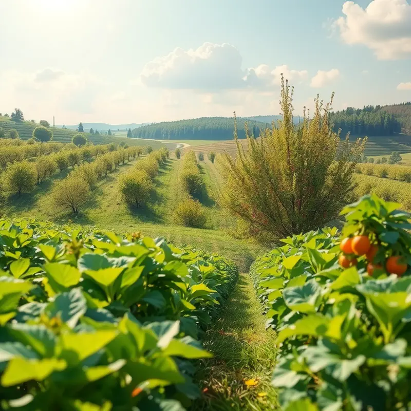 A sunlit orchard filled with vibrant fruits and vegetables, representing balance in meals.