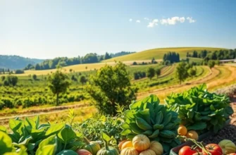 A beautiful landscape showing an orchard of fresh fruits and vegetables.