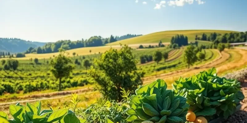 A beautiful landscape showing an orchard of fresh fruits and vegetables.