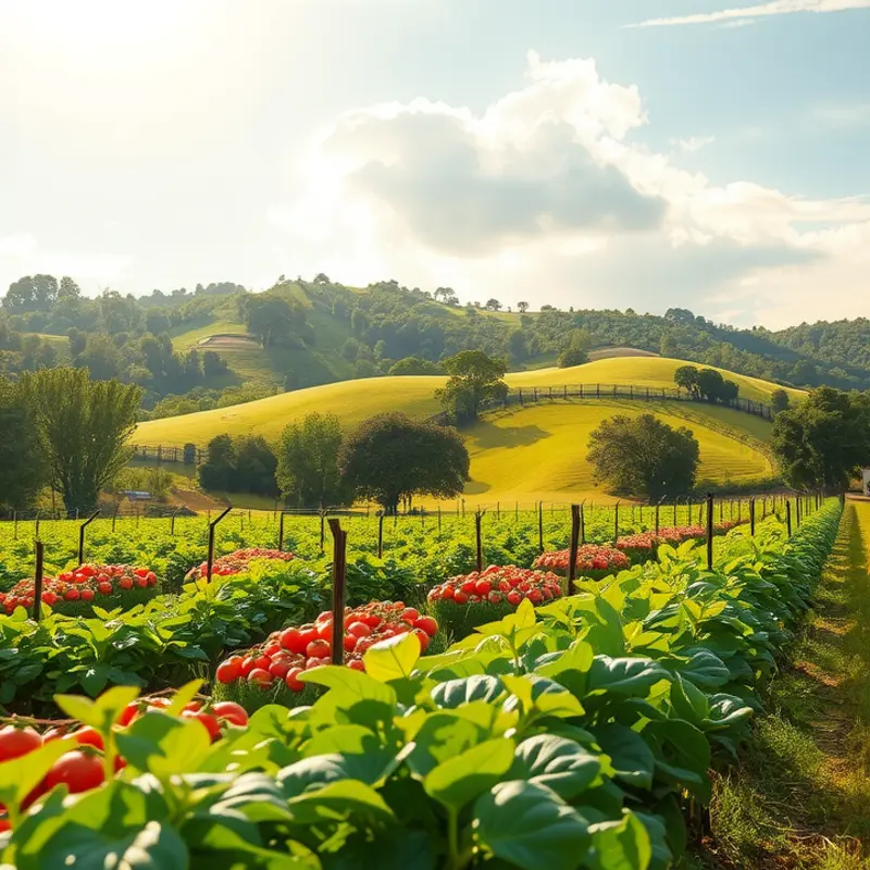 A vibrant sunlit field showcasing fresh fruits and vegetables, emphasizing healthy nutrition.