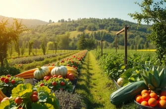 A serene field depicting vibrant fruits and vegetables amidst lush greenery.