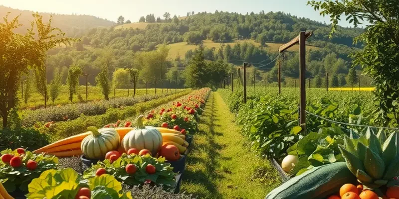 A serene field depicting vibrant fruits and vegetables amidst lush greenery.