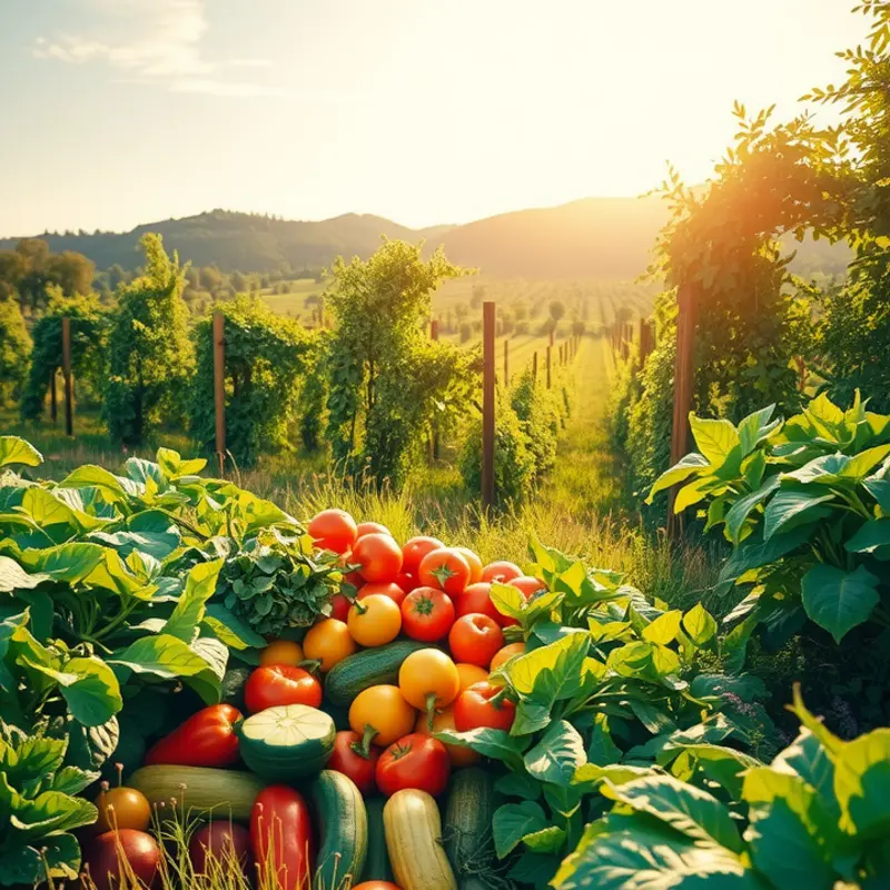 A sunlit garden showcasing fresh vegetables and fruits.