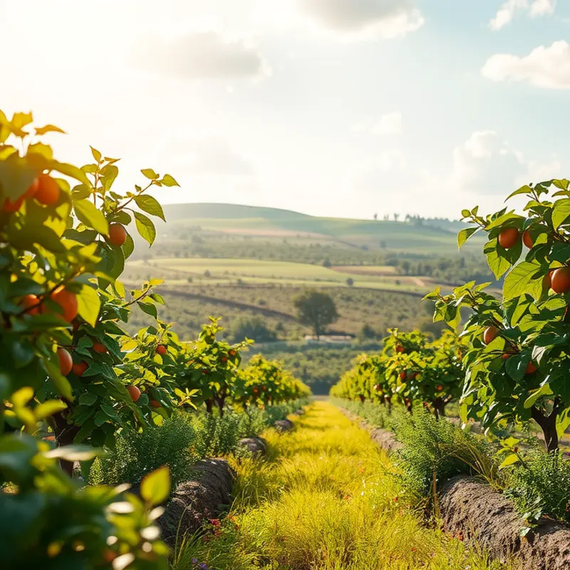 A sunlit landscape showcasing vibrant vegetables and fruits.