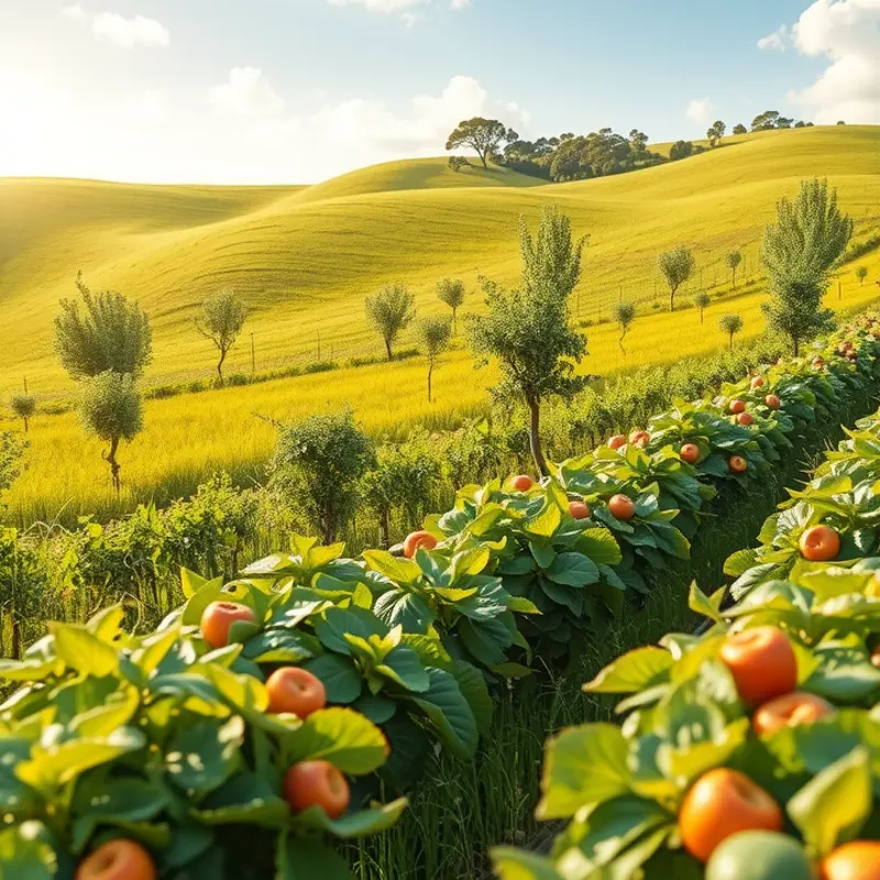 A sunlit field showcasing vibrant vegetables and fruits, symbolizing the abundance of healthy foods.