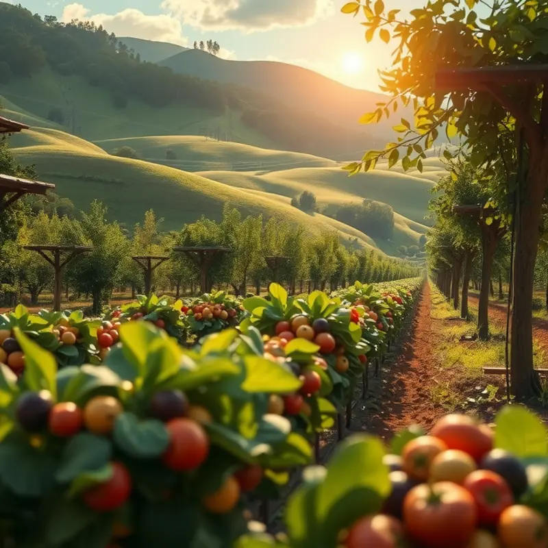 A vibrant sunlit orchard filled with fresh organic produce.