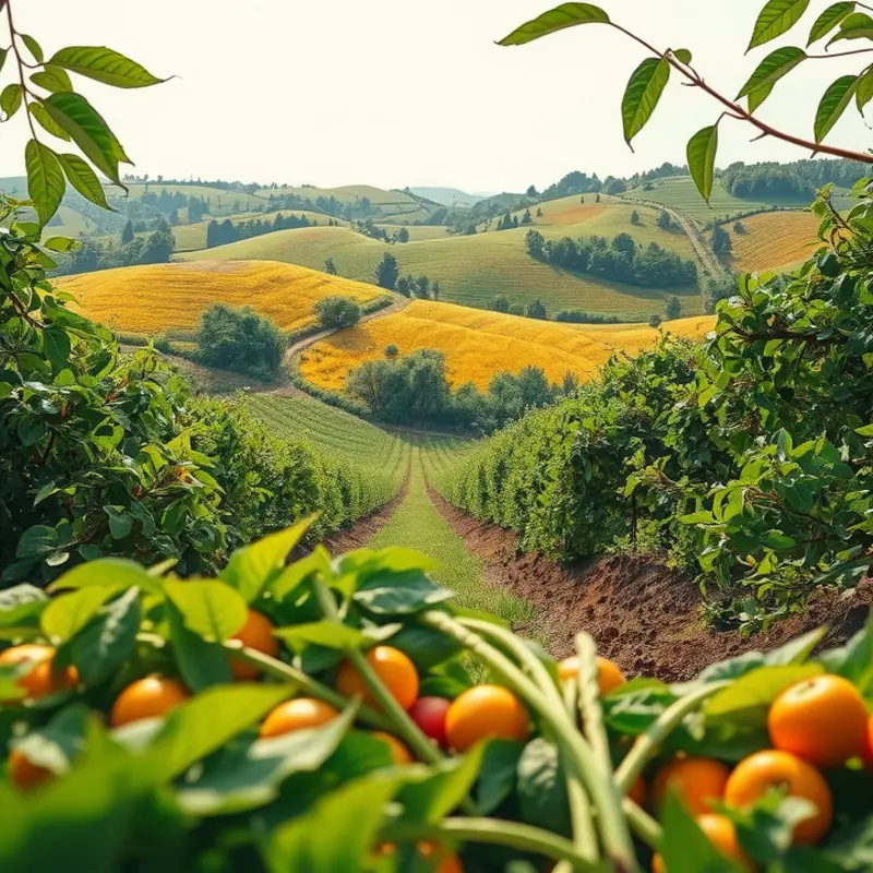 A lush sunlit field filled with vibrant organic vegetables and fruits.