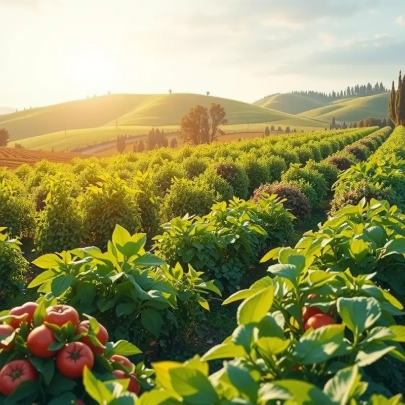 A vibrant field of organic fruits and vegetables representing plant-based nutrition.