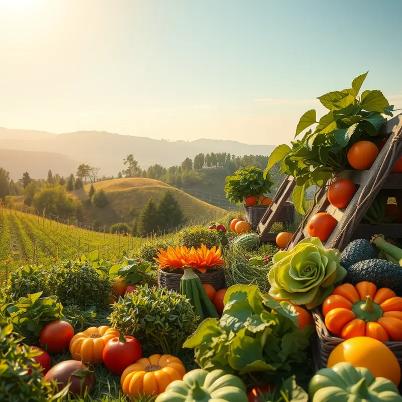 A vibrant sunlit field filled with fresh organic vegetables and fruits.