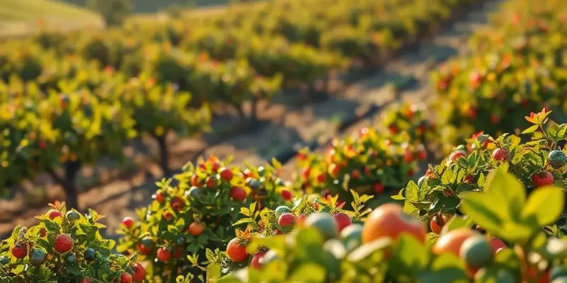 A vibrant sunlit landscape filled with assorted fruits and veggies embodying health and wellness.