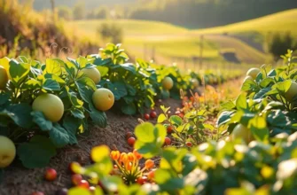 A scenic view of an orchard with lush greenery and vibrant produce.