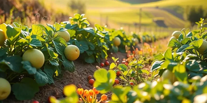 A scenic view of an orchard with lush greenery and vibrant produce.