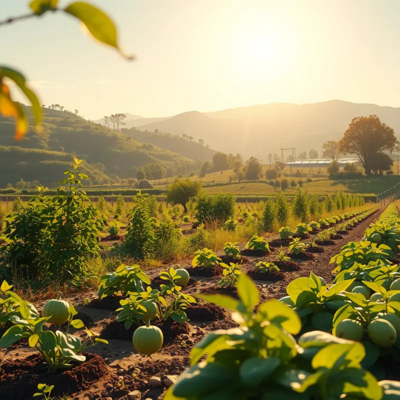 A serene landscape showcasing a flourishing field of organic vegetables and fruits.