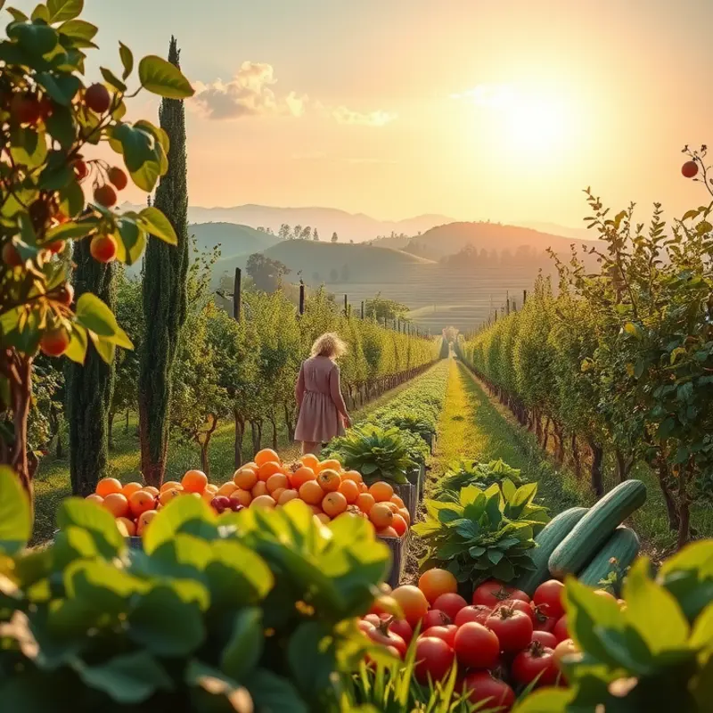 A vibrant landscape showcasing fresh vegetables and fruits in a sunlit field.