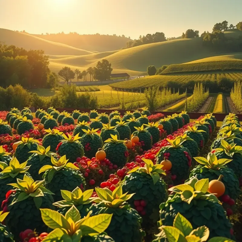A picturesque sunlit field showcasing vibrant vegetables and fruits.