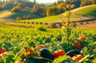 A photorealistic sunlit field representing health and abundance with vibrant organic produce among lush greenery.