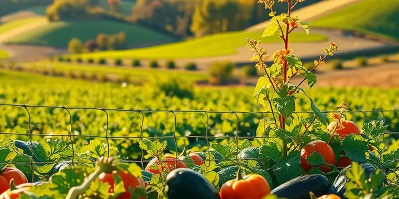 A photorealistic sunlit field representing health and abundance with vibrant organic produce among lush greenery.