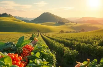 A scenic sunlit field with a variety of vibrant organic vegetables and fruits growing abundantly.