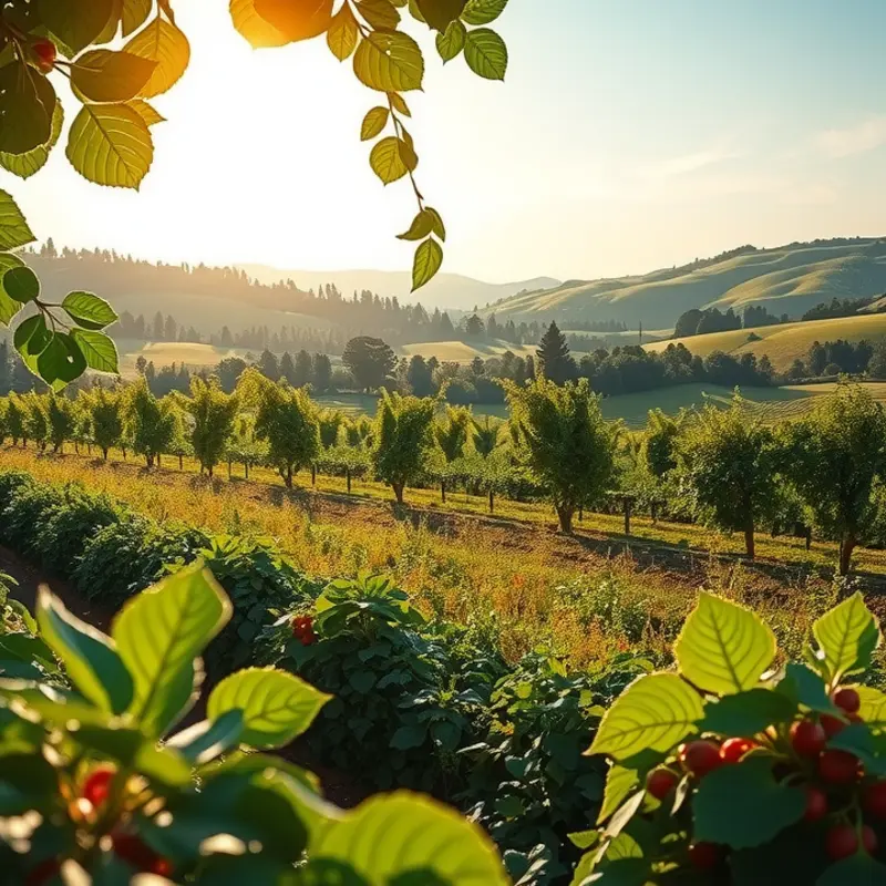 A sunlit orchard filled with vibrant fruits and vegetables representing the Flexitarian Keto lifestyle.