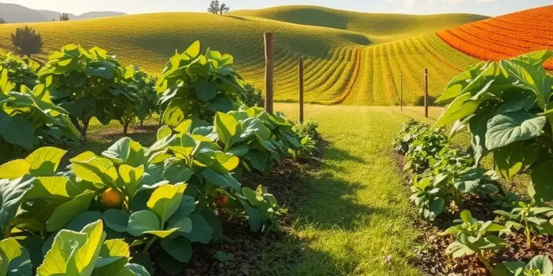 A vibrant landscape filled with natural produce in a sunlit environment.