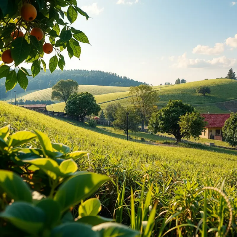 A sunlit orchard filled with vibrant, organic produce, representing the freshness of bilberries.