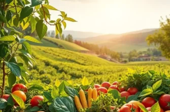 A scenic sunlit orchard bursting with vibrant fruits and vegetables, symbolizing rich biodiversity.