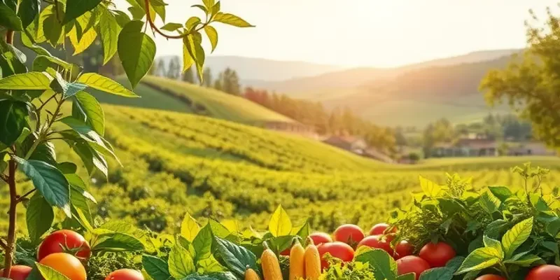 A scenic sunlit orchard bursting with vibrant fruits and vegetables, symbolizing rich biodiversity.