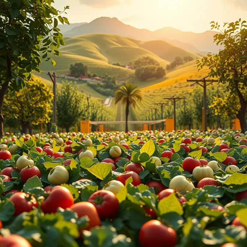 A vibrant field showcasing a variety of heirloom vegetables and fruits under soft sunlight.