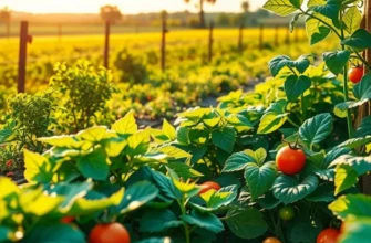 A sunlit field of lush vegetables and fruits symbolizing healthy nutrition.