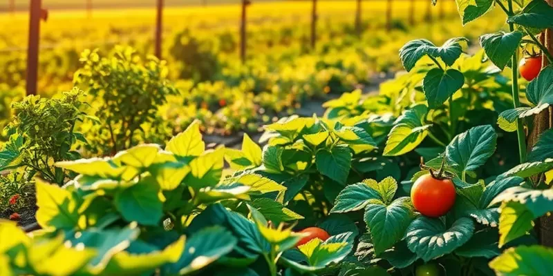 A sunlit field of lush vegetables and fruits symbolizing healthy nutrition.