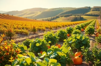 A tranquil view of a lush, sunlit field filled with vibrant organic fruits and vegetables.