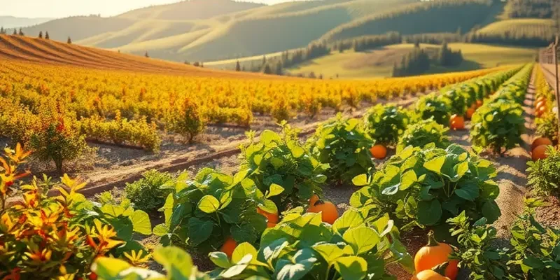A tranquil view of a lush, sunlit field filled with vibrant organic fruits and vegetables.