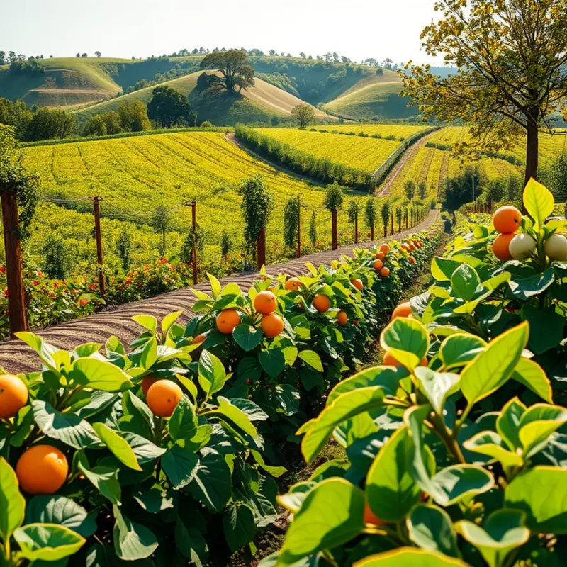 A sunlit orchard flourishing with organic vegetables and fruits.