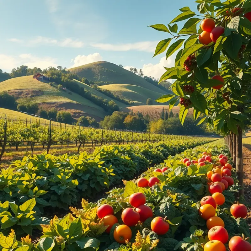 A sunlit orchard flourishing with organic vegetables and fruits.