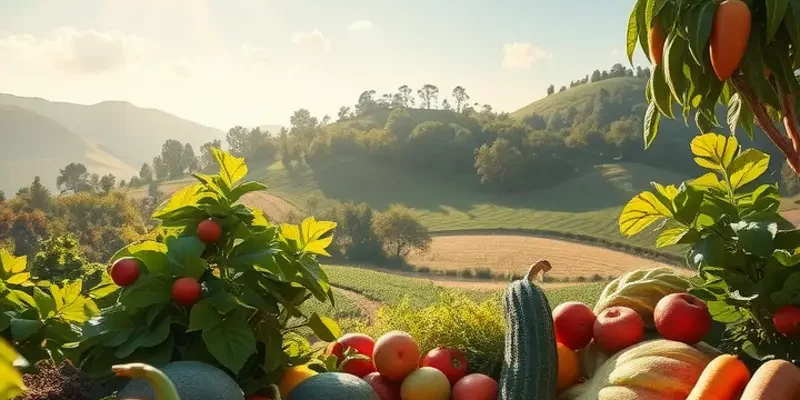 A light-filled orchard showcasing vibrant organic produce.