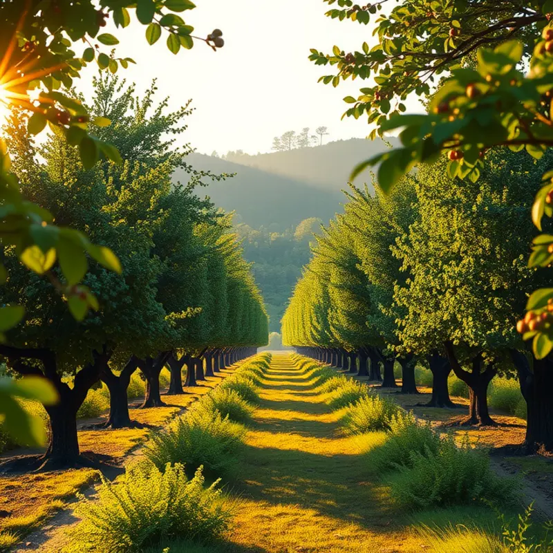 A scenic view of a black walnut orchard basking in the warm glow of sunlight.