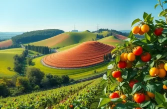 A beautiful orchard scene filled with lush green plants and ripe blackcurrants.