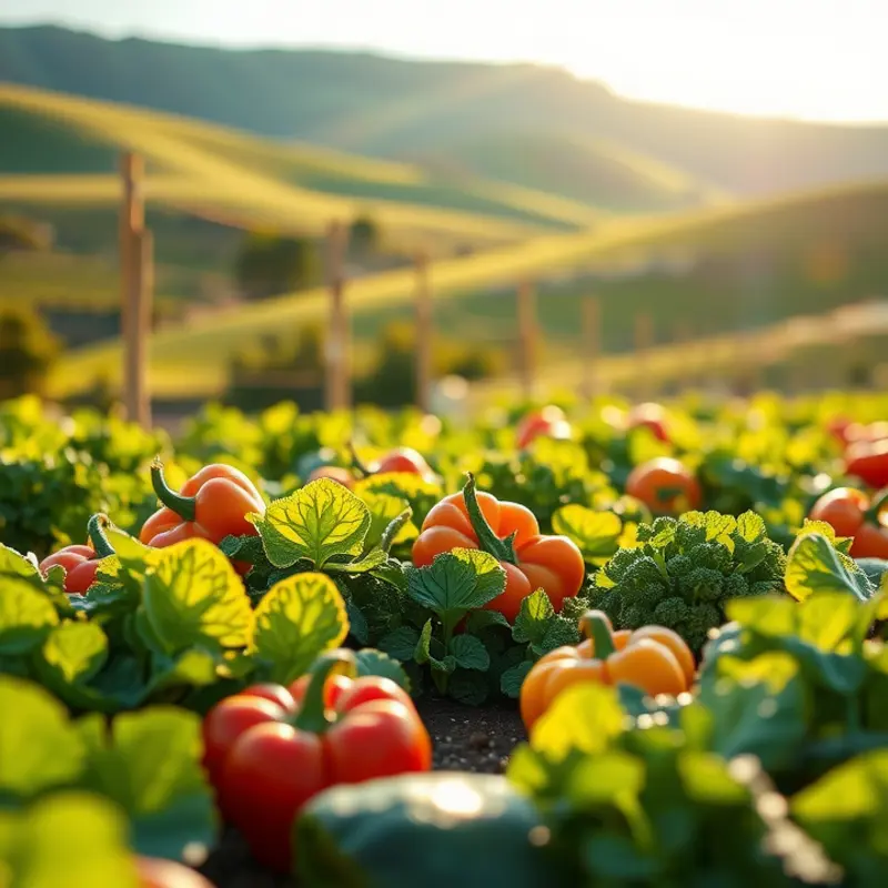 A sunlit field with vibrant vegetables and lush greenery, evoking freshness.
