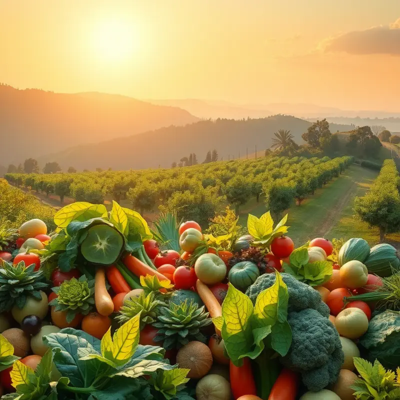 A vibrant field of organic vegetables and fruits symbolizing the natural approach of the blood type diet.